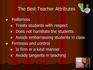 The Best Teacher Attributes
 Politeness
 Treats students with respect
 Does not humiliate the students
 Avoids embarrassing students in class
 Firmness and control
 Is firm in a kind manner
 Avoids tangents in teaching
 