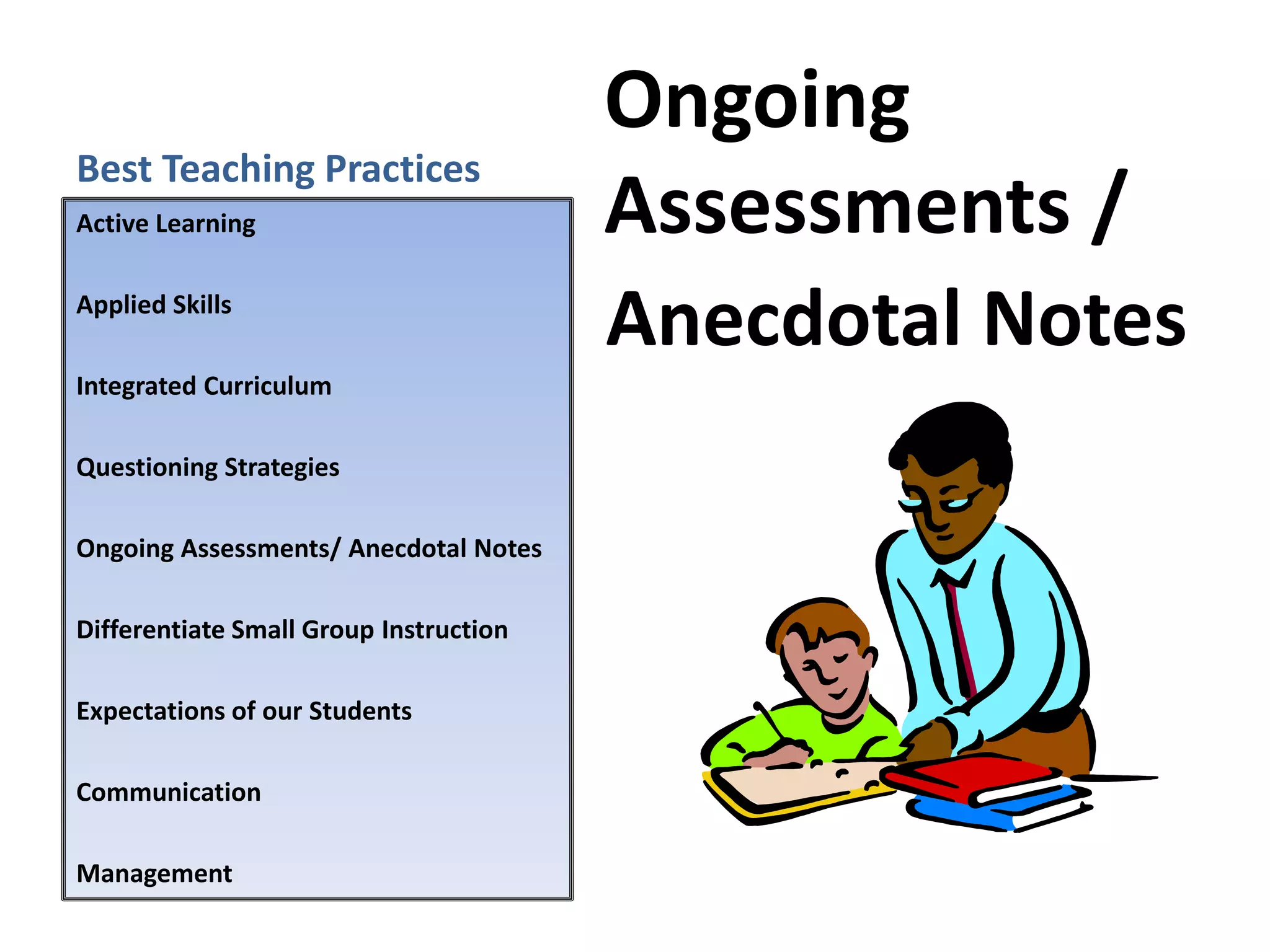 Best Teaching Practices Ongoing      Assessments /Anecdotal NotesActive LearningApplied SkillsIntegrated CurriculumQuestioning StrategiesOngoing Assessments/ Anecdotal NotesDifferentiate Small Group InstructionExpectations of our StudentsCommunicationManagement