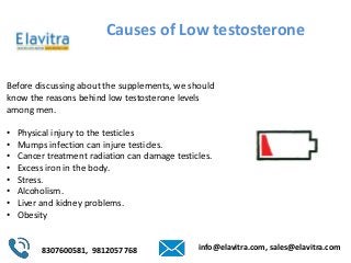 8307600581, 9812057768 info@elavitra.com, sales@elavitra.com
Causes of Low testosterone
Before discussing about the supple...