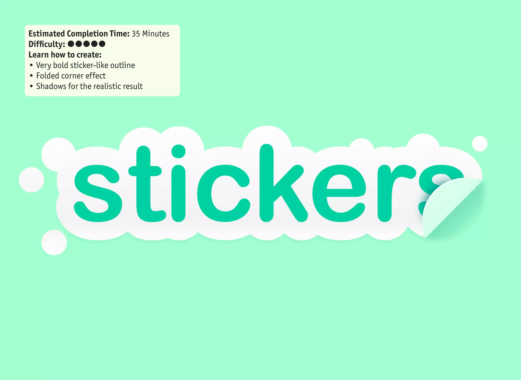 49Stickers text effect
1 2 3
4
5
6
7
8
9
10
When examining 3D objects in perspective
view, you can instantly tell that object (1) is
a cube, because you can see the sides, shad-
ing and perspective. But in the front view,
all you can see is a rectangle (2). Without
seeing the previous picture, you cannot tell
if this is just a rectangle, or if it is a cube
viewed from the top. The only way to indi-
cate and suggest some depth in this view
is to add shadows (3) from the imaginary
light source (4). Our brain knows that a flat
rectangle placed on the surface cannot cast
a shadow this big and that there has to be
some 3D depth which is just not visible.
The obvious question is – if we want the 3D
shape to be seen, why not always show it
in a perspective view? While this may work
for the cube, we want to show the text in a
front view most of the time to keep it visu-
ally simple and readable.
Now for our sticker effect. Most of the ob-
ject is flat, just like a real sticker is – it is a
piece of paper or plastic. The 3D part is the
folded right bottom corner. While still keep-
ing the front view, we want to show that this
part is standing above the surface. And, as
outlined, we will use mainly shadows to
achieve this effect.
Imagine a light source coming from the top
left (5) (which is usual, as the sun is always
shining from the top). As the light rays
travel, the folded corner is in the way (6),
which means that area (7) should receive
less light and therefore be in shadow. The
second smaller shadow is below the folded
corner (8) as this gap is small and less light
rays will reach it. It also differentiates the
folded corner from the white sticker under-
neath. The last shadow is almost invisible.
It is on the folded corner itself. If you com-
pare the color of points (9) and (10), you
can see that the second, which is closer to
the background and further from the light,
is a little bit darker.
 