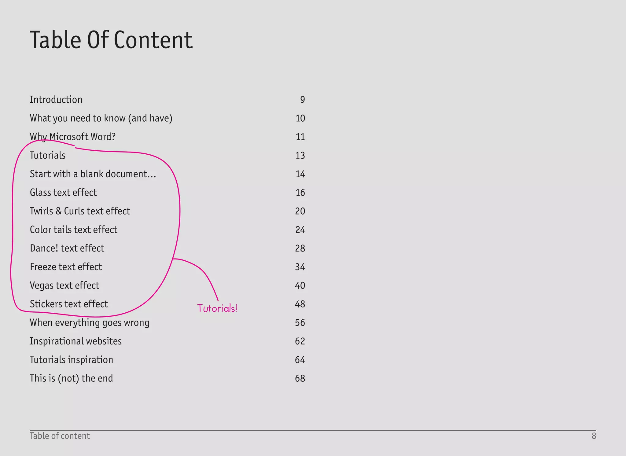 9Introduction
During my high school studies back in 2003, I had a great side job. I
was teaching senior citizens computer science at a local university.
Despite their age, they were all novice users. The plan was to teach
them everything about computers. The first lesson was a nightmare.
Everyone was bored and confused – does anyone really think one
needs to know the binary system in order to work with a computer?
I had to completely revise the approach. Since I was studying
graphic design by myself, I came up with a simple but nice looking
series of documents to be recreated – each one with a slightly dif-
ferent graphical style and taking less than one hour to complete.
Each one was created using nothing more than Microsoft Word.
I was shocked. They all knew very little about computers but, with
proper guidance, my “students” were able to create stunning docu-
ments while having fun.
They were creating birthday party invitations for their grandchil-
dren, calendars for their families, labels for Christmas presents...
and a great deal more.
Ten years later, everything fitted together. My English is better, I
have a strong graphic design background, the current version of
Microsoft Word contains all the necessary functions for advanced
graphical effects, and iBooks Author allows me to publish this book
for the iPad on my own and without the need for a real publisher.
When working on the tutorials, bear in mind that miracles do not
happen overnight. While all the tutorials can be finished in a short
time, you will need much more time to master them. Remember that
it is much easier to learn when you have fun – as my students found.
However, despite the “class party” sample document from my class
(sample at the bottom), I have no evidence that they were actually
having any parties. At least not with me!
Introduction
 