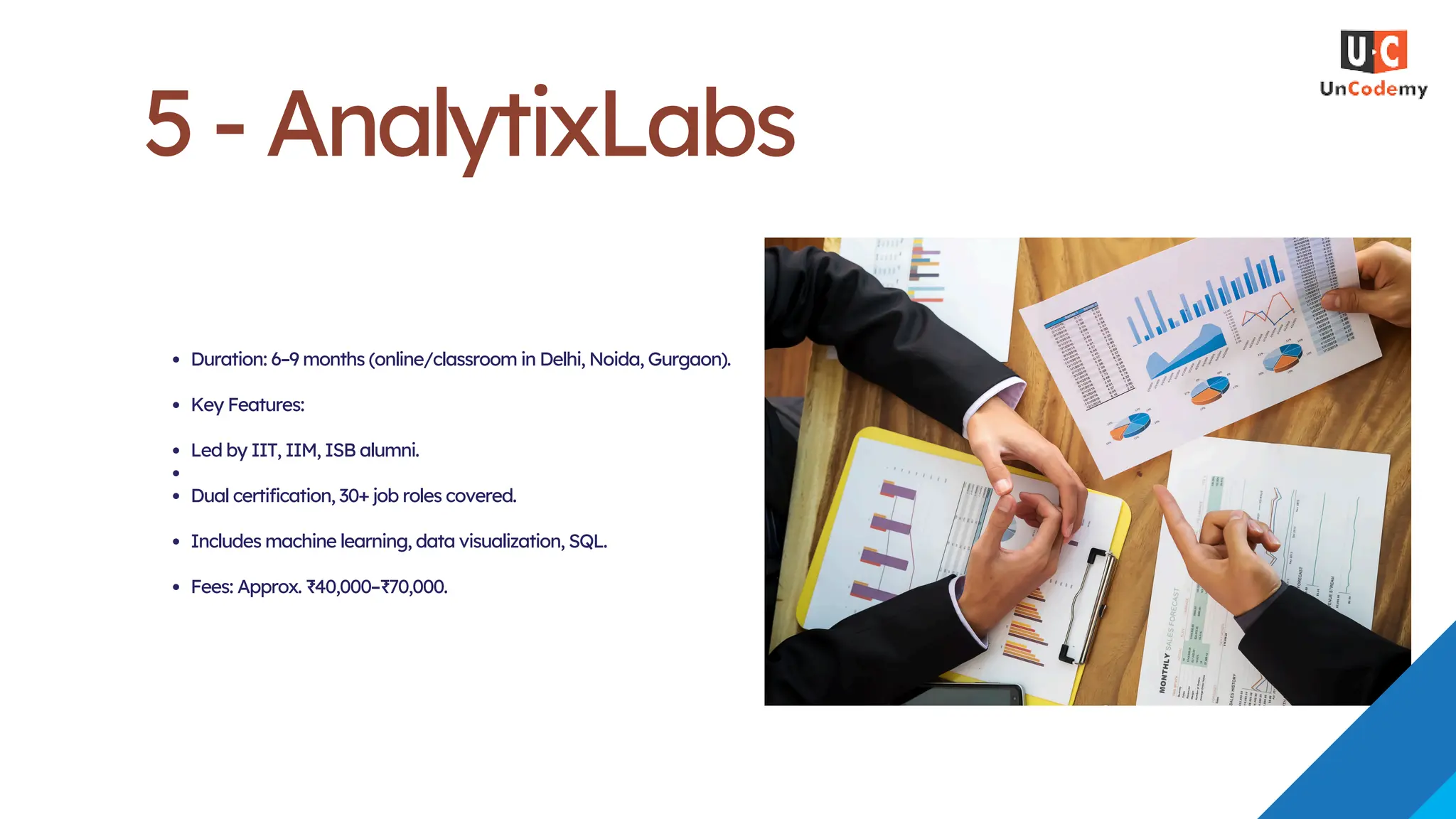 Duration: 6–9 months (online/classroom in Delhi, Noida, Gurgaon).
Key Features:
Led by IIT, IIM, ISB alumni.
Dual certification, 30+ job roles covered.
Includes machine learning, data visualization, SQL.
Fees: Approx. ₹40,000–₹70,000.
5 - AnalytixLabs
 