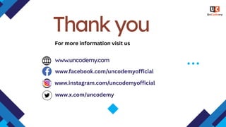 Thank you
www.uncodemy.com
www.facebook.com/uncodemyofficial
www.instagram.com/uncodemyofficial
www.x.com/uncodemy
For more information visit us
 