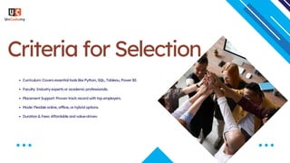 Criteria for Selection
Curriculum: Covers essential tools like Python, SQL, Tableau, Power BI.
Faculty: Industry experts or academic professionals.
Placement Support: Proven track record with top employers.
Mode: Flexible online, offline, or hybrid options.
Duration & Fees: Affordable and value-driven.
 