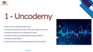 1 - Uncodemy
Duration: 6 months (online/offline, Delhi, Noida).
Key Features: Comprehensive curriculum: Python, SQL, Tableau, Power BI, Excel.
100% placement assistance with companies like TCS, Wipro.
Live projects, internship opportunities, globally recognized certification.
Fees: Approx. ₹ 30,000–₹50,000.
Why Choose?: Hands-on training, flexible schedules, highly rated by students.
 