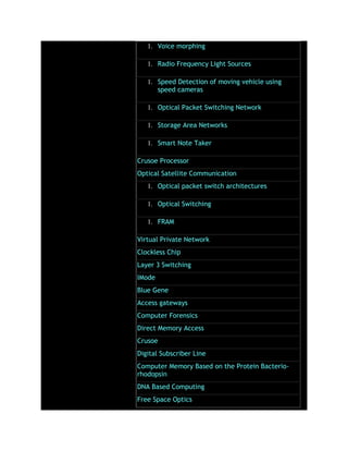 1. Voice morphing
1. Radio Frequency Light Sources
1. Speed Detection of moving vehicle using
speed cameras
1. Optical Packet Switching Network
1. Storage Area Networks
1. Smart Note Taker
Crusoe Processor
Optical Satellite Communication
1. Optical packet switch architectures
1. Optical Switching
1. FRAM
Virtual Private Network
Clockless Chip
Layer 3 Switching
IMode
Blue Gene
Access gateways
Computer Forensics
Direct Memory Access
Crusoe
Digital Subscriber Line
Computer Memory Based on the Protein Bacterio-
rhodopsin
DNA Based Computing
Free Space Optics
 