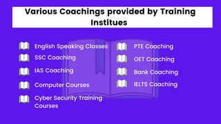 Various Coachings provided by Training
Institues
Bank Coaching
SSC Coaching
IAS Coaching
Computer Courses IELTS Coaching
PTE Coaching
Cyber Security Training
Courses
OET Coaching
English Speaking Classes
 