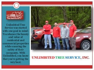 UNLIMBITED TREE SERVICE, INC.
Unlimbited Tree
Service was started
with one goal in mind:
To enhance the beauty
and value of
residential and
commercial properties
while ensuring the
safety of their
occupants. With
Unlimbited, you know
that you're getting the
very best.
 