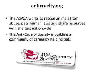 anticruelty.org
• The ASPCA works to rescue animals from
abuse, pass human laws and share resources
with shelters nationwide
• The Anti-Cruelty Society is building a
community of caring by helping pets

faizluckyshah.weebly.com

 