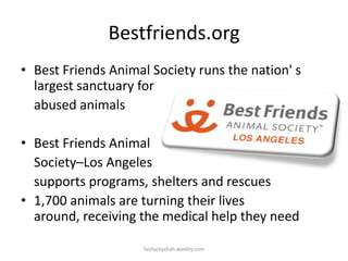 Bestfriends.org
• Best Friends Animal Society runs the nation' s
largest sanctuary for
abused animals
• Best Friends Animal
Society–Los Angeles
supports programs, shelters and rescues
• 1,700 animals are turning their lives
around, receiving the medical help they need
faizluckyshah.weebly.com

 