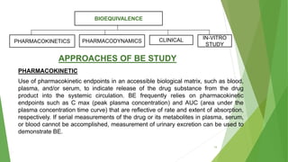 APPROACHES OF BE STUDY
PHARMACOKINETIC
Use of pharmacokinetic endpoints in an accessible biological matrix, such as blood,
plasma, and/or serum, to indicate release of the drug substance from the drug
product into the systemic circulation. BE frequently relies on pharmacokinetic
endpoints such as C max (peak plasma concentration) and AUC (area under the
plasma concentration time curve) that are reflective of rate and extent of absorption,
respectively. If serial measurements of the drug or its metabolites in plasma, serum,
or blood cannot be accomplished, measurement of urinary excretion can be used to
demonstrate BE.
BIOEQUIVALENCE
PHARMACOKINETICS PHARMACODYNAMICS CLINICAL IN-VITRO
STUDY
14
 
