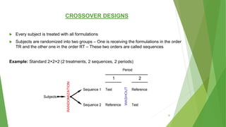 CROSSOVER DESIGNS
 Every subject is treated with all formulations
 Subjects are randomized into two groups – One is receiving the formulations in the order
TR and the other one in the order RT – These two orders are called sequences
Example: Standard 2×2×2 (2 treatments, 2 sequences, 2 periods)
32
 