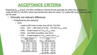 ACCEPTANCE CRITERIA
Regarding Cmax & AUC, the 90% confidence interval should generally be within the acceptance
range 80.00% to 125.00% (when log transformed data are used). For scaled BE study following limit
can be used:
65
 