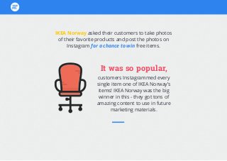 IKEA Norway asked their customers to take photos
of their favorite products and post the photos on
Instagram for a chance to win free items.
It was so popular,
customers Instagrammed every
single item one of IKEA Norway’s
items! IKEA Norway was the big
winner in this - they got tons of
amazing content to use in future
marketing materials.
 