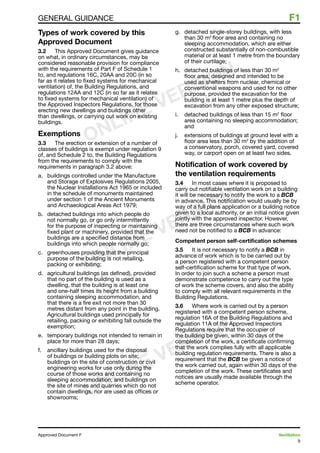 9
Approved Document F	 Ventilation
general guidance	 F1
Types of work covered by this
Approved Document
3.2	 This Approved Document gives guidance
on what, in ordinary circumstances, may be
considered reasonable provision for compliance
with the requirements of Part F of Schedule 1
to, and regulations 16C, 20AA and 20C (in so
far as it relates to fixed systems for mechanical
ventilation) of, the Building Regulations, and
regulations 12AA and 12C (in so far as it relates
to fixed systems for mechanical ventilation) of
the Approved Inspectors Regulations, for those
erecting new dwellings and buildings other
than dwellings, or carrying out work on existing
buildings.
Exemptions
3.3	 The erection or extension of a number of
classes of buildings is exempt under regulation 9
of, and Schedule 2 to, the Building Regulations
from the requirements to comply with the
requirements in paragraph 3.2 above:
a.	 buildings controlled under the Manufacture
and Storage of Explosives Regulations 2005,
the Nuclear Installations Act 1965 or included
in the schedule of monuments maintained
under section 1 of the Ancient Monuments
and Archaeological Areas Act 1979;
b.	 detached buildings into which people do
not normally go, or go only intermittently
for the purpose of inspecting or maintaining
fixed plant or machinery, provided that the
buildings are a specified distance from
buildings into which people normally go;
c.	 greenhouses providing that the principal
purpose of the building is not retailing,
packing or exhibiting;
d.	 agricultural buildings (as defined), provided
that no part of the building is used as a
dwelling, that the building is at least one
and one-half times its height from a building
containing sleeping accommodation, and
that there is a fire exit not more than 30
metres distant from any point in the building.
Agricultural buildings used principally for
retailing, packing or exhibiting fall outside the
exemption;
e.	 temporary buildings not intended to remain in
place for more than 28 days;
f.	 ancillary buildings used for the disposal
of buildings or building plots on site;
buildings on the site of construction or civil
engineering works for use only during the
course of those works and containing no
sleeping accommodation; and buildings on
the site of mines and quarries which do not
contain dwellings, nor are used as offices or
showrooms;
g.	 detached single-storey buildings, with less
than 30 m2
floor area and containing no
sleeping accommodation, which are either
constructed substantially of non-combustible
material or at least 1 metre from the boundary
of their curtilage;
h.	 detached buildings of less than 30 m2
floor area, designed and intended to be
used as shelters from nuclear, chemical or
conventional weapons and used for no other
purpose, provided the excavation for the
building is at least 1 metre plus the depth of
excavation from any other exposed structure;
i.	 detached buildings of less than 15 m2
floor
area containing no sleeping accommodation;
and
j.	 extensions of buildings at ground level with a
floor area less than 30 m2
by the addition of
a conservatory, porch, covered yard, covered
way, or carport open on at least two sides.
Notification of work covered by
the ventilation requirements
3.4	 In most cases where it is proposed to
carry out notifiable ventilation work on a building
it will be necessary to notify the work to a BCB
in advance. This notification would usually be by
way of a full plans application or a building notice
given to a local authority, or an initial notice given
jointly with the approved inspector. However,
there are three circumstances where such work
need not be notified to a BCB in advance:
Competent person self-certification schemes
3.5	 It is not necessary to notify a BCB in
advance of work which is to be carried out by
a person registered with a competent person
self-certification scheme for that type of work.
In order to join such a scheme a person must
demonstrate competence to carry out the type
of work the scheme covers, and also the ability
to comply with all relevant requirements in the
Building Regulations.
3.6	 Where work is carried out by a person
registered with a competent person scheme,
regulation 16A of the Building Regulations and
regulation 11A of the Approved Inspectors
Regulations require that the occupier of
the building be given, within 30 days of the
completion of the work, a certificate confirming
that the work complies fully with all applicable
building regulation requirements. There is also a
requirement that the BCB be given a notice of
the work carried out, again within 30 days of the
completion of the work. These certificates and
notices are usually made available through the
scheme operator.
ONLINE VERSION
ONLINE VERSION
ONLINE VERSION
 