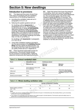 F1
19
Approved Document F	 Ventilation
Introduction to provisions
5.1	 This Approved Document shows three
main ways of complying with the ventilation
requirements of the Building Regulations:
a. 	 providing the ventilation rates set out in
paragraphs 5.4 to 5.7; or
b. 	 following the system guidance set out:
	 for dwellings without basements in
paragraphs 5.8 to 5.10. This guidance
covers all levels of design air permeability.
Alternative guidance is also provided for
dwellings designed to an air permeability
leakier than () 5 m3
/(h.m2
) at 50 Pa where the
developer from experience will not construct
significantly more airtight dwellings (not better
than 3 m3
/(h.m2
) at 50 Pa); or
	 for dwellings with basements in paragraphs
5.11 to 5.13; or
c.	 using other ventilation systems provided it
can be demonstrated to the Building Control
Body that they satisfy the Requirement, e.g.
by showing that they meet the moisture and
air quality criteria set out in Appendix A.
5.2	 There should be reasonable access for
maintenance. This should include access
for the purpose of changing filters, replacing
defective components and cleaning ductwork.
Table 5.1a Extract ventilation rates
Room Intermittent extract Continuous extract
Minimum rate Minimum
high rate
Minimum
low rate
Kitchen
30 l/s adjacent to hob; or 60
60 l/s elsewhere
13 l/s
Total extract rate should be
at least the whole dwelling
ventilation rate given in Table
5.1b
Utility room 30 l/s 8 l/s
Bathroom 15 l/s 8 l/s
Sanitary accommodation 6 l/s 6 l/s
Table 5.1b Whole dwelling ventilation rates
Number of bedrooms in dwelling
1 2 3 4 5
Whole dwelling ventilation
rate a, b
(l/s)
13 17 21 25 29
Notes:
a. In addition, the minimum ventilation rate should be not less than 0.3 l/s per m2
of internal floor area. (This includes all floors, e.g. for a two-storey
building add the ground and first floor areas.)
b. This is based on two occupants in the main bedroom and a single occupant in all other bedrooms. This should be used as the default value. If a
greater level of occupancy is expected add 4 l/s per occupant.
5.3	 Note that extract fans lower the pressure
in a building, which can cause the spillage of
combustion products from open-flued appliances
(i.e. the combustion gases may fill the room
instead of going up the flue or chimney). This
can occur even if the appliance and the fan are
in different rooms. Ceiling sweep fans produce
air currents and hence local depressurisation,
which can also cause the spillage of flue gases
from open-flued gas appliances or from solid
fuel open fires. In buildings where it is intended
to install open-flued combustion appliances and
extract fans, the combustion appliance should
be able to operate safely whether or not the
fans are running. A way of showing compliance
in these circumstances would be to follow the
guidance given in Approved Document J on both
the installation of the appliances and tests to
show that combustion appliances operate safely
whether or not fans are running.
Section 5: New dwellings
ONLINE VERSION
ONLINE VERSION
ONLINE VERSION
 