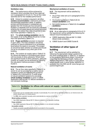 35
Approved Document F	 Ventilation
New buildings other than dwellings	 F1
Ventilation rates
6.9	 The performance will be achieved by
ventilation which provides the air flow rates set
out in paragraphs 6.10 to 6.13. The air flow rates
specified are for the installed performance.
6.10	 Extract to outside is required in all office
sanitary accommodation, washrooms and food
and beverage preparation areas. In addition,
printers and photocopiers in substantial use
(greater than 30 minutes per hour) should be
located in a separate room (to avoid any pollutants
entering the occupied space) and extract provision
installed. The extract flow rates should be no less
than those specified in Table 6.1a.
6.11	 The whole building ventilation rate for
the supply of air to the offices should be no less
than that specified in Table 6.1b.
6.12	 Purge ventilation provision is required
in each office. The total ventilation should be
sufficient to reduce pollutants to an acceptable
level before the space is occupied. The purged
air should be taken directly to outside and should
not be re-circulated to any other part of the
building.
6.13	 The outdoor air supply rates in Table 6.1b
for offices are based on controlling body odours
with low levels of other pollutants. Where there
are significant levels of other pollutants, adequate
outdoor air supply can be achieved by following
the calculation method provided in CIBSE
Guide A.
Natural ventilation of rooms
6.14	 The air flow rates specified in Tables 6.1a
and 6.1b can be provided by a mainly natural
ventilation system by following the guidance
in Tables 6.2a, 6.2b and 6.2c. A wide range
of natural ventilation systems for providing
whole building ventilation is given in CIBSE
Application Manual AM 10: Natural ventilation in
non-domestic buildings.
Table 6.2c Ventilation for offices with natural air supply – controls for ventilators
in rooms
Extract
•	 Extract fans can be controlled either manually or automatically. For a room with no openable window (i.e. an internal room), the
extract should have a 15 minute overrun.
•	 For PSV, either operated manually and/or automatically by a sensor or controller.
Whole building ventilation
•	 See CIBSE Application Manual AM 10: Natural ventilation in non-domestic buildings.
Purge ventilation
•	 See CIBSE Application Manual AM 10: Natural ventilation in non-domestic buildings.
Accessible controls
•	 Readily accessible override controls should be provided for the occupants.
Mechanical ventilation of rooms
6.15	 The requirement will be satisfied by
following:
•	 the air flow rates set out in paragraphs 6.9 to
6.13; and
•	 the location guidance in Table 6.2b for
extract ventilation; and
•	 the control guidance in Table 6.2c for extract
ventilation.
Alternative approaches
6.16	 As an alternative to paragraphs 6.9 to 6.13
the requirement will be satisfied by following the
relevant recommendations of:
a.	 CIBSE Application Manual AM 13: 2000:
Mixed mode ventilation;
b.	 CIBSE Guide A and CIBSE Guide B.
Ventilation of other types of
building
6.17	 The requirement will be satisfied by
following the appropriate design guidance for
the other buildings given in Table 6.3. In addition
to the guidance documents listed, it should be
noted that the Workplace (Health, Safety and
Welfare) Regulations 1992 apply to most places
where people work. A short guide, INDG244, is
available from the HSE and at: www.hse.gov.uk/
pubns/indg244.pdf.
ONLINE VERSION
ONLINE VERSION
ONLINE VERSION
 