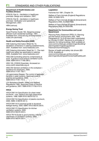 42
Ventilation	 Approved Document F
F1	 Standards and other publications
Department of Health Estates and
Facilities Division
HTM 03; Part A – Ventilation in healthcare
premises: Design and validation, 2007.
HTM 03; Part B – Ventilation in healthcare
premises: Verification and operational
Management, 2007.
HBN (various).
Energy Saving Trust
Good Practice Guide 192. Designing energy
efficient multi-residential buildings, 1997.
Available from: www.est.org.uk/bestpractice/
index.cfm (archived).
Health and Safety Executive (HSE)
HSE Catering Information Sheet No 10,
Ventilation of kitchens in catering establishments,
2007. Available from: www.hsebooks.com.
HSE Catering Information Sheet No 11, The main
health and safety law applicable to catering,
2000. Available from: www.hsebooks.com.
HSG 258 Controlling airborne contaminants at
work. A guide to local exhaust ventilation (LEV),
2008. ISBN 978 0 71766 298 2.
HSG 193. COSHH Essentials. Accessed on:
www.coshh-essentials.org.uk
HSG 202 General ventilation in the workplace –
Guidance for employers, 2000.
ISBN 978 0 71761 793 7.
L8 Legionnaires Disease: The control of legionella
bacteria in water systems. Approved code of
practice and guidance, 2000.
ISBN 978 0 71761 772 2.
L24 Workplace (Health, Safety and Welfare)
Regulations 1992. Approved Code of Practice
and guidance, 2001. ISBN 978 0 71760 413 5.
HVCA
HVCA DW/144 Specification for sheet metal
ductwork – low, medium and high pressure/air
systems, 1998. ISBN 978 0 90378 327 9.
HVCA DW/154 Specification of plastics ductwork,
2000. ISBN: 0 90378 331 2.
HVCA DW/143 A practical guide to ductwork
leakage testing, 2000. ISBN: 978 0 90378 330 9.
HVCA DW/172 Specification for kitchen
ventilation systems, 2005
ISBN 978 0 90378 329 3.
HVCA TR/19 Guide to good practice. Internal
cleanliness of ventilation systems, 2005.
ISBN 978 0 90378 335 4.
Legislation
Factories Act 1961, Chapter 34.
Welfare of Farm Animals (England) Regulations
2000, SI 2000/1870.
Welfare of Farm Animals (England) (Amendment)
Regulations 2002, SI 2002/1646.
Welfare of Farm Animals (England) (Amendment)
Regulations 2003, SI 2003/299.
Department for Communities and Local
Government
Planning Policy Statement (PPS) 15: Planning
and the historic environment; DoE, 1994.
Paragraphs 6.1 to 6.40 have been superseded
by Circular 01/2007, Revisions to principles of
selection for listing buildings. Both available at:
www.communities.gov.uk/planningandbuilding/
planning/planningpolicyguidance/
historicenvironment/ppg15.
Review of health and safety risk drivers (BD
2518). Available at:
www.communities.gov.uk/documents/
planningandbuilding/pdf/reviewhealthsafety.pdf.
ONLINE VERSION
ONLINE VERSION
ONLINE VERSION
 