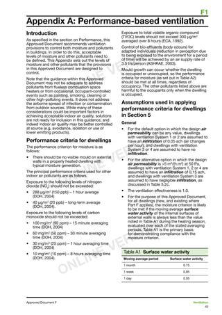 F1
43
Approved Document F	 Ventilation
Introduction
As specified in the section on Performance, this
Approved Document recommends ventilation
provisions to control both moisture and pollutants
in buildings. In order to do this, acceptable
levels of moisture and other pollutants need to
be defined. This Appendix sets out the levels of
moisture and other pollutants that the provisions
in this Approved Document are designed to
control.
Note that the guidance within this Approved
Document may not be adequate to address
pollutants from flueless combustion space
heaters or from occasional, occupant-controlled
events such as painting, smoking, cleaning or
other high-polluting events. It does not address
the airborne spread of infection or contamination
from outdoor sources. While many of these
considerations could be important factors in
achieving acceptable indoor air quality, solutions
are not ready for inclusion in this guidance, and
indeed indoor air quality may be better controlled
at source (e.g. avoidance, isolation or use of
lower emitting products).
Performance criteria for dwellings
The performance criterion for moisture is as
follows:
•	 There should be no visible mould on external
walls in a properly heated dwelling with
typical moisture generation.
The principal performance criteria used for other
indoor air pollutants are as follows.
Exposure to the following levels of nitrogen
dioxide (NO2
) should not be exceeded:
•	 288 µg/m3
(150 ppb) – 1 hour average
(DOH, 2004)
•	 40 µg/m3
(20 ppb) – long-term average
(DOH, 2004).
Exposure to the following levels of carbon
monoxide should not be exceeded:
•	 100 mg/m3
(90 ppm) – 15 minute averaging
time (DOH, 2004)
•	 60 mg/m3
(50 ppm) – 30 minute averaging
time (DOH, 2004)
•	 30 mg/m3
(25 ppm) – 1 hour averaging time
(DOH, 2004)
•	 10 mg/m3
(10 ppm) – 8 hours averaging time
(DOH, 2004).
Exposure to total volatile organic compound
(TVOC) levels should not exceed 300 µg/m3
averaged over 8 hours (ECA, 1992).
Control of bio-effluents (body odours) for
adapted individuals (reduction in perception due
to being exposed to the environment for a period
of time) will be achieved by an air supply rate of
3.5 l/s/person (ASHRAE, 2003).
Mould growth can occur whether the dwelling
is occupied or unoccupied, so the performance
criteria for moisture (as set out in Table A2)
should be met at all times, regardless of
occupancy. The other pollutants listed above are
harmful to the occupants only when the dwelling
is occupied.
Assumptions used in applying
performance criteria for dwellings
in Section 5
General
•	 For the default option in which the design air
permeability can be any value, dwellings
with ventilation System 1 or 2 are assumed to
have an infiltration of 0.05 ach (air changes
per hour); and dwellings with ventilation
System 3 or 4 are assumed to have no
infiltration.
•	 For the alternative option in which the design
air permeability is 5 m3
/(h.m2
) at 50 Pa,
dwellings with ventilation System 1, 2 or 4 are
assumed to have an infiltration of 0.15 ach,
and dwellings with ventilation System 3 are
assumed to have negligible infiltration, as
discussed in Table 5.2c.
•	 The ventilation effectiveness is 1.0.
•	 For the purpose of this Approved Document,
for all dwellings (new, and existing where
Part F applies), the moisture criterion is likely
to be met if the moving average surface
water activity of the internal surfaces of
external walls is always less than the value
noted in Table A1 during the heating season,
evaluated over each of the stated averaging
periods. Table A1 is the primary basis
for demonstrating compliance with the
moisture criterion.
Table A1  Surface water activity
Moving average period Surface water activity
1 month 0.75
1 week 0.85
1 day 0.95
Appendix A: Performance-based ventilation
ONLINE VERSION
ONLINE VERSION
ONLINE VERSION
 