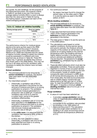 44
Ventilation	 Approved Document F
F1	 Performance-based ventilation
As a guide, for new dwellings, for the purpose of
this Approved Document, the moisture criteria
in Table A1 are likely to be met if the moving
average relative humidity (RH) in a room is always
less than the value given in Table A2 during
the heating season, evaluated over each of the
stated averaging periods.
Table A2  Indoor air relative humidity
Moving average period Room air relative
humidity
1 month 65%
1 week 75%
1 day 85%
The performance criterion for moisture (given
above) is the same as that used in the 2006
edition of Approved Document F. However,
research carried out since 2006 (Altamirano-
Medina et al, 2009) has indicated that the values
of relative humidity needed to satisfy the criterion
could be expressed in a different and more
practical way as shown in Table A2. These RH
values may, in general, be slightly less onerous
than those used in the 2006 edition. This may not
be true in all cases and so the ventilation rates
necessary to satisfy the criterion have not been
changed.
Extract ventilation
•	 The principal pollutant to be removed by
extract ventilation is moisture. The source
rates were taken from BS 5250:2002
Table B.1.
•	 For intermittent extract:
–	 Historically, a ventilation rate of 60 l/s
has been specified in the kitchen for the
removal of moisture and there is no strong
justification to amend it. The ventilation
rate removes moisture generated at a
production rate of 2000 g/h. A reduced
ventilation rate of 30 l/s is used for
a cooker hood, owing to the greater
ventilation effectiveness.
–	 Historically, a ventilation rate of 15 l/s has
been specified in the bathroom for the
removal of moisture and there is no strong
justification to amend it. The ventilation
rate removes moisture generated at a
production rate of 400 g/h.
–	 In the utility room, it is assumed that the
ventilation rate required is 50% of that in
the kitchen.
–	 In WCs, the main pollutant is odour.
Historically, a ventilation rate of 6 l/s has
been specified and there is no strong
justification to amend it.
•	 For continuous extract:
–	 No reason has been found to change the
extract rates, so the rates used in Table
5.1a are the same as used in the 2006
edition of AD F.
Whole dwelling ventilation
•	 The principal pollutant to be removed by
whole dwelling ventilation is moisture. The
source rates were taken from BS 5250:2002
Table B.1.
•	 It was assumed that local extract removes
100% of the moisture generated in the
bathroom and 50% of the moisture
generated in the kitchen.
•	 The rates given in Table 5.1b are the same as
in the 2006 edition.
•	 The calculations were based on winter
weather conditions. During warmer spring
and autumn periods, the moisture removal
capacity of the outdoor air will be less (i.e. the
outdoor air on being heated to the internal
temperature within the dwelling will have a
higher relative humidity in the spring and
autumn periods) and additional ventilation
may be required. The provisions for purge
ventilation (e.g. windows) may be used for
this purpose.
•	 There are other pollutants which must also be
adequately controlled. These are particularly
important in homes of low occupant density
where moisture production is low for the size
of the property. Levels of volatile organic
compounds were monitored in a BRE study
of UK homes (Dimitroulopoulou et al, 2005).
From these data, the total source production
rate of volatile organic compounds was
determined to be 300 μg/h per m2
of floor
area. To meet the performance criterion of
300 μg/m3
, it requires a minimum whole
dwelling ventilation rate of 0.3 l/s per m2
of
internal floor area.
Purge ventilation
•	 A value of 4 ach has been selected as:
–	 it provides a purge ventilation rate an
order of magnitude above whole building
ventilation;
–	 it is similar to the ventilation rate provided
by windows in the 1995 edition of
Approved Document F. The calculation
assumes single-sided ventilation for a
dwelling in an urban environment and an
internal/external temperature difference
of 3°C.
ONLINE VERSION
ONLINE VERSION
ONLINE VERSION
 