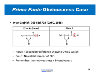 Prima Facie Obviousness Case
36
• In re Grabiak, 769 F2d 729 (CAFC, 1985)
Prior Art (Howe) Claim 1
- Howe + Secondary reference showing O to S switch
- Court: No establishment of PFO
- Remember: non-obviousness ≠ inventiveness
 