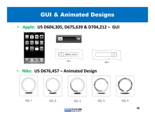 48
GUI & Animated Designs
• Nike: US D676,457 – Animated Design
• Apple: US D604,305, D675,639 & D704,212 – GUI
 
