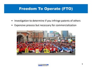 • Investigation to determine if you infringe patents of others
• Expensive process but necessary for commercialization
Freedom To Operate (FTO)
5
 