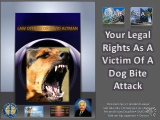 Your Legal
Rights As A
Victim Of A
Dog Bite
Attack
Personal injury • Accident Lawyer
Salt Lake City • St George • Los Angeles
Personal Injury Dog Bite • DUI Criminal
Defense Expungement • Divorce
 