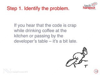 12© Copyright Innovecs 2012
Step 1. Identify the problem.
If you hear that the code is crap
while drinking coffee at the
kitchen or passing by the
developer’s table – it’s a bit late.
 