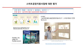 스마트공장지원사업에 대한 평가
• 모든 계층에서 스마트공장을 보는 시각: 장님이 코끼리 더듬기긍정 평가: 매출↑, 생산성 ↑, 불량율↓, 일자리 ↑
부정 평가: 100억짜리를 5000만원에 해보라고?
http://news.kbs.co.kr/news/view.do?ncd=3282631
 