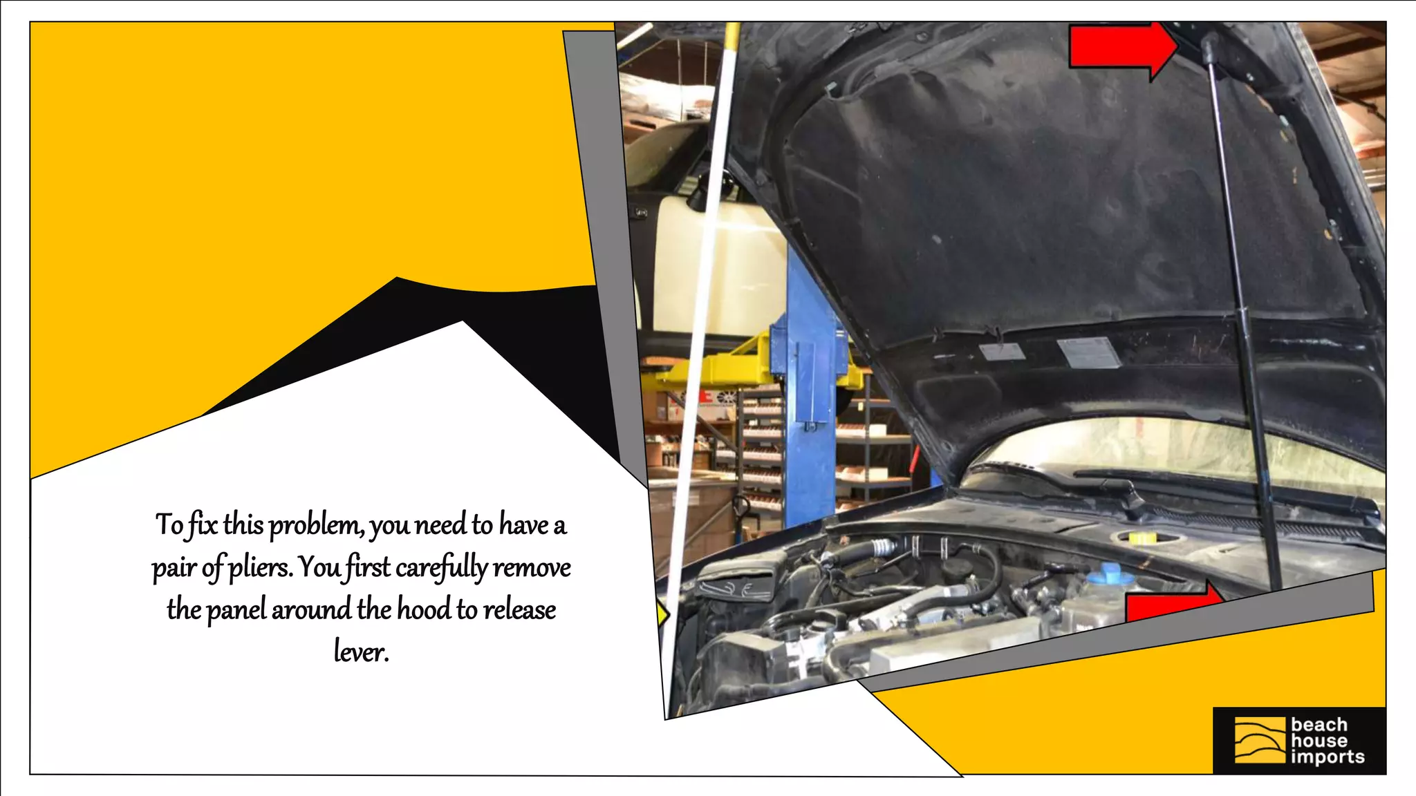 To fix this problem, youneedto have a
pair of pliers. You first carefullyremove
the panel around the hoodto release
lever.
 