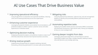 AI Use Cases That Drive Business Value
• Improving operational efficiency
Using AI algorithms to streamline and automate workflows, reducing
costs and increasing productivity across the organization.
• Enhancing customer experience
Leveraging AI-powered chatbots, personalized recommendations, and
predictive analytics to deliver superior customer service and tailor
experiences to individual needs.
• Optimizing decision-making
Employing AI-powered analytics and predictive models to make more
informed, data-driven decisions that improve business outcomes.
• Driving revenue growth
Implementing AI-based tools for targeted marketing, demand
forecasting, and pricing optimization to increase sales and profitability.
• Mitigating risks
Using AI-powered fraud detection, cybersecurity, and risk management
systems to identify and proactively address potential threats and
vulnerabilities.
• Automating repetitive tasks
Deploying AI-enabled robotic process automation (RPA) to streamline
and automate monotonous, high-volume tasks, freeing up employees
to focus on more strategic work.
• Gaining deeper insights from data
Leveraging advanced AI algorithms and techniques to extract
meaningful insights from large, complex datasets, leading to better-
informed decisions and strategic planning.
 