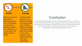 Conclusion
By taking a strategic approach to AI use cases, organizations can unlock the
transformative potential of this technology and drive meaningful business value.
By starting with the problem, focusing on value creation, and adopting a human-
centric approach, you can build AI solutions that truly align with your
organization's goals and deliver tangible results.
 