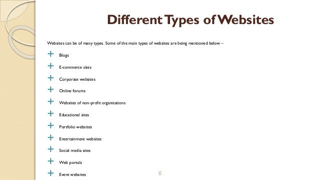 Websites can be of many types. Some of the main types of websites are being mentioned below –
 Blogs
 E-commerce sites
 Corporate websites
 Online forums
 Websites of non-profit organisations
 Educational sites
 Portfolio websites
 Entertainment websites
 Social media sites
 Web portals
 Event websites 6
DifferentTypes of Websites
 