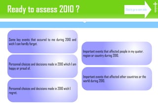 Ready to assess 2010 ? IF YES, LET US START WITH A SIMPLE BUT FRUITFUL MEMORY EXERCICE : Personnal choices and decisions made in 2010 which I am happy or proud of. Personnal choices and decisions made in 2010 wich I regret. Important events that affected people in my quater, region or country during 2010. Important events that affected other countries or the world during 2010. Some key events that occured to me during 2010 and wich I can hardly forget. I H S Click to go to next slide Peace of Christ 