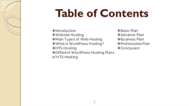 Table of Contents
2
Introduction
Website Hosting
Main Types of Web Hosting
What Is WordPress Hosting?
HTS Hosting
Different WordPress Hosting Plans
of HTS Hosting
Basic Plan
Advance Plan
Business Plan
Professional Plan
Conclusion
 