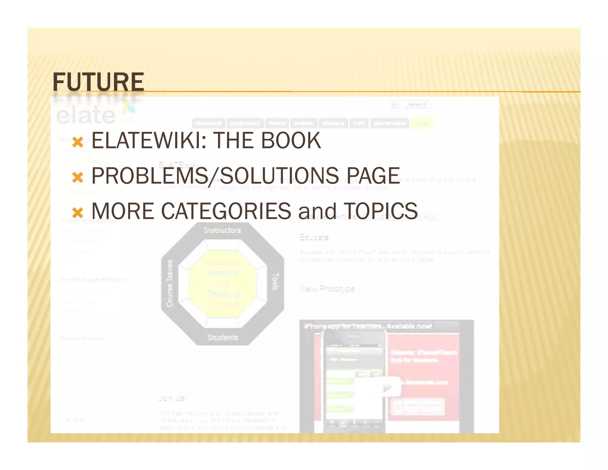 FUTURE

  ELATEWIKI: THE BOOK
  PROBLEMS/SOLUTIONS PAGE

  MORE CATEGORIES and TOPICS
                       d
 