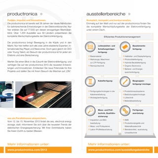 Mehr Informationen unter:Mehr Informationen unter:
Funken, Impulse und Innovationen.
Die productronica ist bereits seit 38 Jahren der ideale Nährboden
für bahnbrechende Entwicklungen in der Elektronikbranche. Nur
hier erleben Sie auf 77.000 qm diesen einzigartigen Marktüber-
blick: Über 1.200 Aussteller aus 39 Ländern präsentieren die
komplette Wertschöpfungskette der Elektronikfertigung.
Die productronica bringt Bewegung in die Köpfe und in den
Markt. Nur hier treffen sich alle zwei Jahre etablierte Experten, in-
ternationale Key Player und Newcomer. Doch ganz gleich ob CEO
oder Young Talent, ein Besuch der productronica ist für jeden ein
Erlebnis und eine Bereicherung.
Werfen Sie einen Blick in die Zukunft der Elektronikfertigung und
verfolgen Sie auf der productronica 2013 die neuesten Entwick-
lungen und Innovationen. Entdecken Sie neue Potenziale für Ihre
Projekte und stellen Sie mit Ihrem Besuch die Weichen auf „ON“.
ees als Parallelmesse abspeichern.
Vom 12. bis 15. November 2013 findet die ees, electrical energy
storage, statt. Informieren Sie sich über die neuesten Trends der
elektrischen Energiespeicherung: Mit Ihrer Eintrittskarte haben
Sie freien Zutritt zu beiden Messen.
Komplett, kompakt und konkurrenzlos.
Einmalig auf der Welt und nur auf der productronica finden Sie
die komplette Wertschöpfungskette der Elektronikfertigung
unter einem Dach.
productronica ausstellerbereiche
www.productronica.com/2013
Basismaterial
Werkzeuge, Maschinen
zur LTP-Fertigung
Reinraumtechnik
Leiterplatten- und
Schaltungsträger-
fertigung:
Halbleiter- und Displayfertigung
Photovoltaikfertigung
Hybride Bauteilefertigung
Organic Electronics
Batterie- und Energie-
speicherfertigung
Bauelemente-
fertigung:
Fertigungstechnologien in der
Kabelverarbeitung
Wickelgüterfertigung
Kabelfertigung:
Produktionssubsysteme
Bestückungstechnologie
Löttechnik
Materialbearbeitung
Baugruppen-
fertigung/-montage:
Inspektion und Bild-
bearbeitung
Mess- und Prüfsysteme
Labor-/Prüffeldausrüstung
Mess- und Prüf-
technik, Qualitäts-
sicherung:
EMS
Produktionslogistik und
Materialﬂusstechnik
Betriebsmittel, -ausrüstung,
Umwelttechnik
Fertigungs-
ausrüstung:
Efﬁzientes Produktionsmanagement
www.productronica.com/ausstellungsbereiche
 