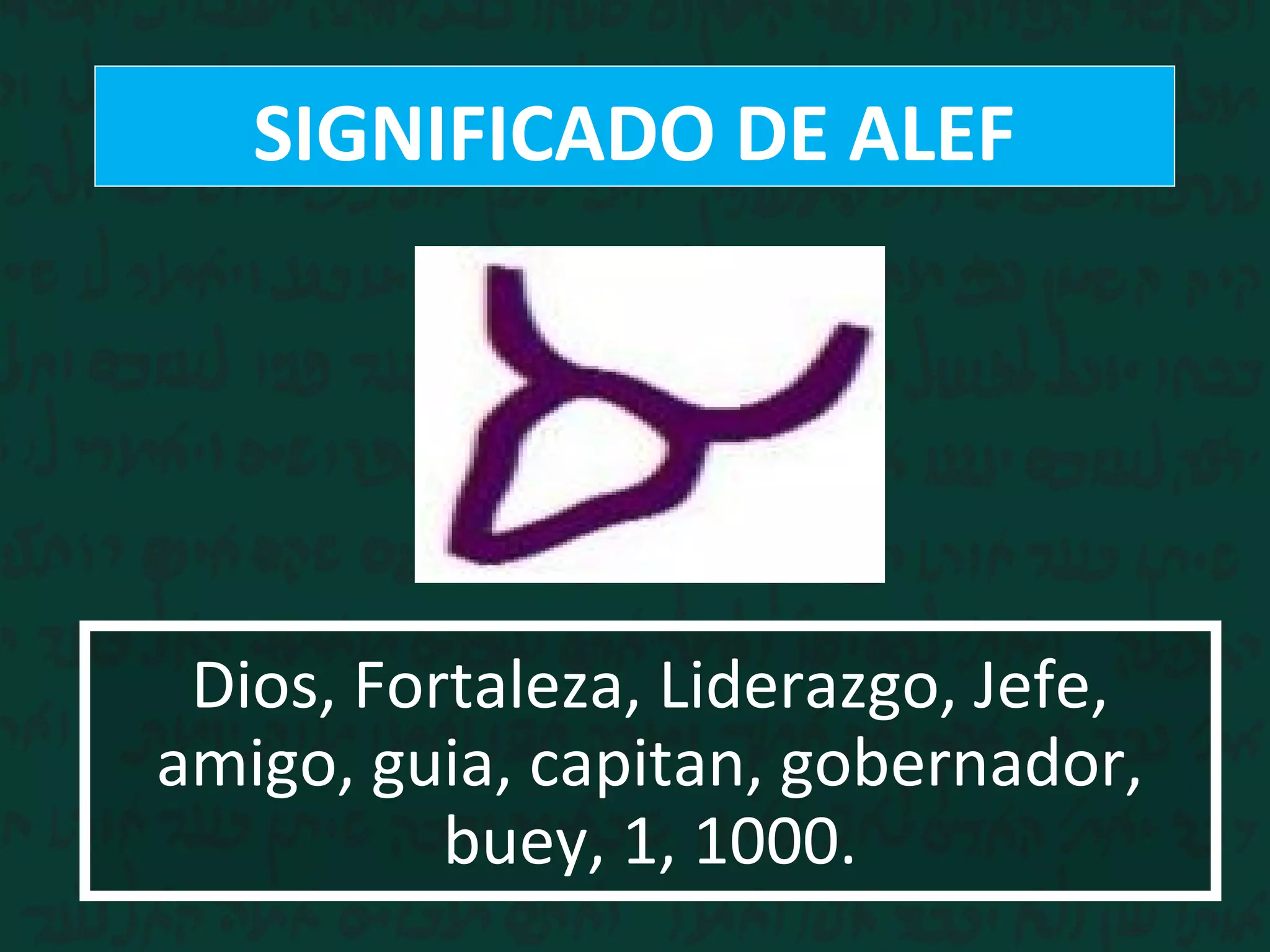SIGNIFICADO DE ALEF
Dios, Fortaleza, Liderazgo, Jefe,
amigo, guia, capitan, gobernador,
buey, 1, 1000.
 