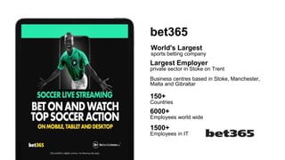 bet365
World's Largest
sports betting company
Largest Employer
private sector in Stoke on Trent
Business centres based in Stoke, Manchester,
Malta and Gibraltar
150+
Countries
6000+
Employees world wide
1500+
Employees in IT
 