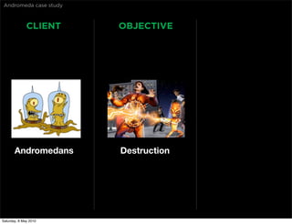 Andromeda case study



              CLIENT    OBJECTIVE




       Andromedans      Destruction




Saturday, 8 May 2010
 