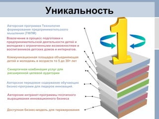 Уникальность Авторское передовое содержание обучающих бизнес-программ для лидеров инноваций . Авторские интранет-программы поэтапного выращивания инновационного бизнеса Доступная бизнес-модель для тиражирования Синергичная комбинация услуг для расширенной целевой аудитории Коммуникационная площадка объединяющая детей и молодежь в возрасте то 5 до 30+ лет Авторская программа Технология формирования предпринимательского мышления (ТФПМ) Вовлечение в процесс подготовки к предпринимательской деятельности детей и молодежи с ограниченными возможностями и воспитанников детских домов и интернатов. 