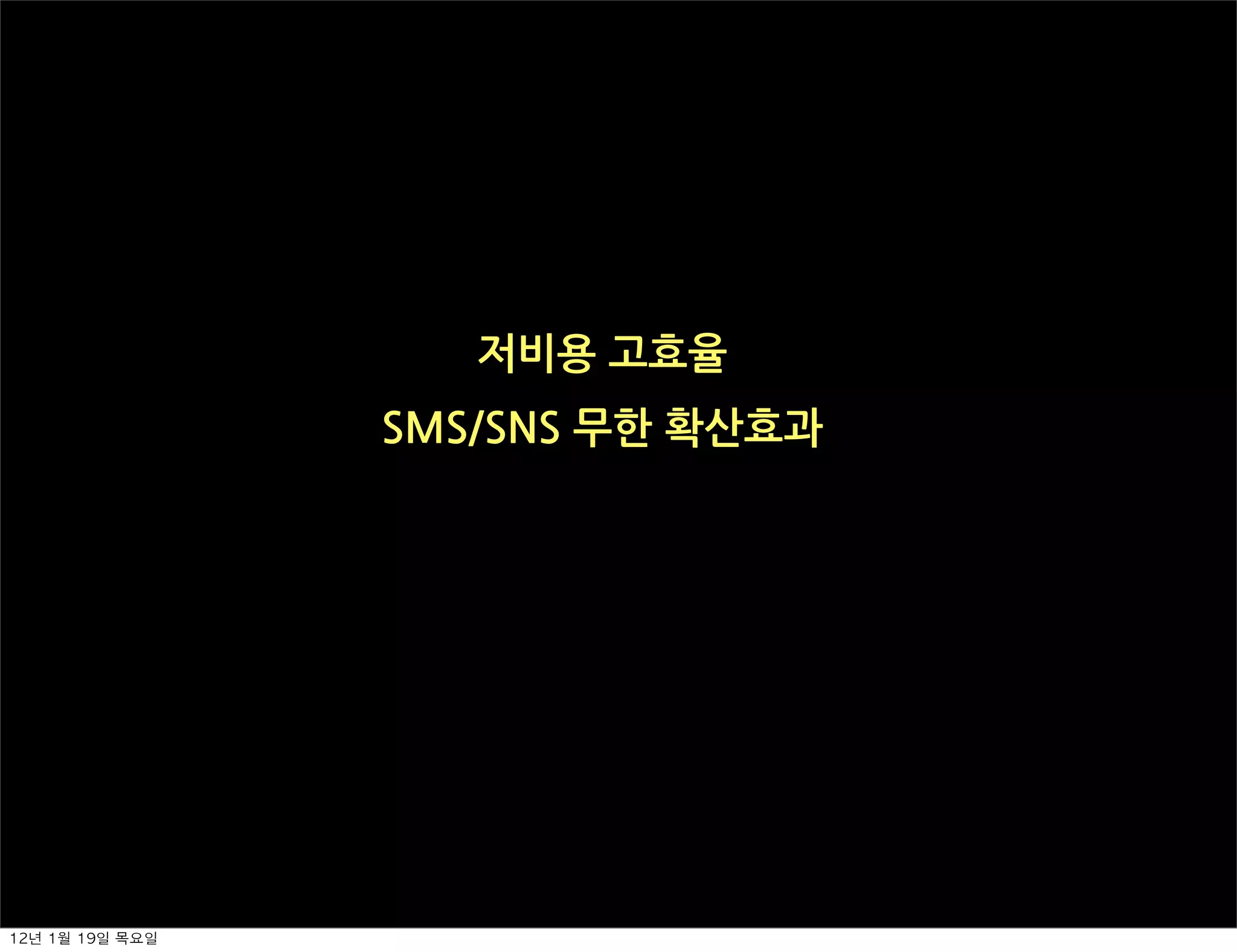 저비용고효율
                    SMS/SNS무한확산효과




12년	 1월	 19일	 목요일
 