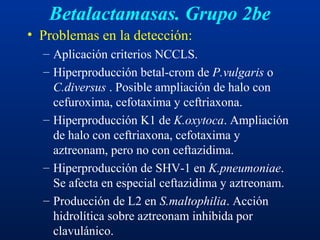 Betalactamasas. Grupo 2be
• Problemas en la detección:
– Aplicación criterios NCCLS.
– Hiperproducción betal-crom de P.vulgaris o
C.diversus . Posible ampliación de halo con
cefuroxima, cefotaxima y ceftriaxona.
– Hiperproducción K1 de K.oxytoca. Ampliación
de halo con ceftriaxona, cefotaxima y
aztreonam, pero no con ceftazidima.
– Hiperproducción de SHV-1 en K.pneumoniae.
Se afecta en especial ceftazidima y aztreonam.
– Producción de L2 en S.maltophilia. Acción
hidrolítica sobre aztreonam inhibida por
clavulánico.
 