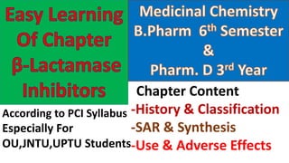Chapter Content
-History & Classification
-SAR & Synthesis
-Use & Adverse Effects
According to PCI Syllabus
Especially For
OU,JNTU,UPTU Students
 