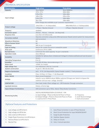TECHNICAL SPECIFICATION
Characteristics Single phase Three phase
Capacity 1kva-50KVA 3kva-5000KVA
Input voltage
Output voltage
Frequncy 50/60HZ
Correction speed 20v/sec , 70v/sec , 110v/sec (As Required)
Response time Less then 10 milliseconds
Correction method
Step less correction using variac (Microprocessor Based control system for measurement
and correction)
Waveform Distortion Nil
Effect of power factor Nil
Efficiency 98% As per IS standards
Type of cooling Nature Air cooled /Forced air cooled/Oil cooled
Duty cycle Continuous 24 hrs 100%
No load losses 0.5% from the rated capacity/ As per Is standards
Operation mode Auto /Manual
Suitability
Suitable for 3phase,4wire Unbalanced Voltage & Unbalanced/balanced load all power
factors
Operating Temperature 0 to 55
Humidity 0 to 95% RH Max ,Noncondensing at 35
Noise Level <65dB For 1meter
High voltage Test Can withstand 2.5kV for 5 seconds
System construction As per IS : 9815 & ISO 2015
Degree of protection Ip21 - IP 55 (As Required) & Epoxy Powder coated ( 7 Tank processes)
Insulation Class- B /Class- H / Class – F (As Required)
MCB / MCCB Short circuit Protection
BYPASS
Inbuilt in up to 300KVA above 300Kva optional (Change over Switch to bypass the
stabilizer and use main voltage directly)
CONTACTOR Over load ,Under /Over voltage cut – Off Protection Through contactors
Log book memory History of error logs
Input /Output Terminations DIN Connectors up to 75Kva Above 75kva Busbar Connection
Monitoring facility
DIGITAL MICROPROCESSOR LCD DISPLAY FOR
A. Input Voltage - Phase to Neutral & Phase to Phase D. Frequency
B. Output Voltage – Phase to Neutral & Phase to Phase E. Earth Neutral Voltage
C. Load Current in Three Phase F. Fault annunciation
197v- 277v 360v-460v
170v-270v 340v-480v
140v-270v 295v-470v
110v-270v 240v-460v
90v-270v 190v-460v
220v/230v +/- 1% (Adjustable) 380v/400v/415v +/-1%(Adjustable)
1 Phase + Neutral, Ground 3 Phase + Neutral, Ground
Other Range also available as per customer requirements
Optional Features and Protections
1. Low voltage cut-Off & Alarm
2. High voltage cut-Off & Alar
3. Over Load Cut-Off & Alarm
4. Single Phase Prevention Cut-Off & Alarm
5. Reverse Phase Cut-Off & Alarm
6. Neutral Trip
7. Auto Phase Correction in case of Phase Reversal
8. Short Circuit Protection for Input MCB/MCCB/ACP
9. Surge & spike Protection.
10. Stabilizer Bypass System
11. Delay on Circuits
12. Auto / manual operation
 