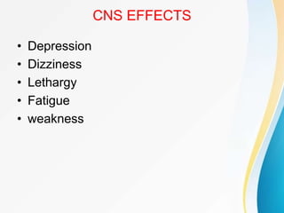CNS EFFECTS
• Depression
• Dizziness
• Lethargy
• Fatigue
• weakness
 