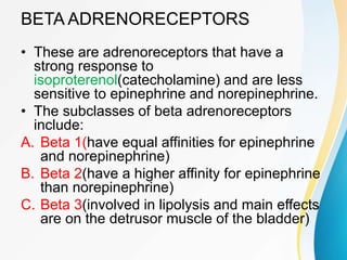 BETA ADRENORECEPTORS
• These are adrenoreceptors that have a
strong response to
isoproterenol(catecholamine) and are less
sensitive to epinephrine and norepinephrine.
• The subclasses of beta adrenoreceptors
include:
A. Beta 1(have equal affinities for epinephrine
and norepinephrine)
B. Beta 2(have a higher affinity for epinephrine
than norepinephrine)
C. Beta 3(involved in lipolysis and main effects
are on the detrusor muscle of the bladder)
 