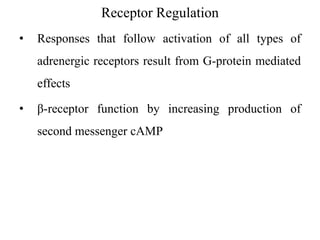 Receptor Regulation
• Responses that follow activation of all types of
adrenergic receptors result from G-protein mediated
effects
• β-receptor function by increasing production of
second messenger cAMP
 
