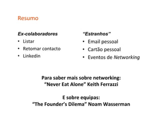 Resumo	
  

Ex-colaboradores                    “Estranhos”
•  Listar	
                         •  Email	
  pessoal	
  
•  Retomar	
  contacto	
            •  Cartão	
  pessoal	
  
•  Linkedin	
                       •  Eventos	
  de	
  Networking	
  


           Para	
  saber	
  mais	
  sobre	
  networking:	
  	
  
                “Never	
  Eat	
  Alone”	
  Keith	
  Ferrazzi	
  
                                      	
  
                          E	
  sobre	
  equipas:	
  
        “The	
  Founder’s	
  Dilema”	
  Noam	
  Wasserman	
  
 